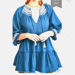 Free People BOHO DreamWaiver blue Embroidered Tunic top dress long sleeves Small